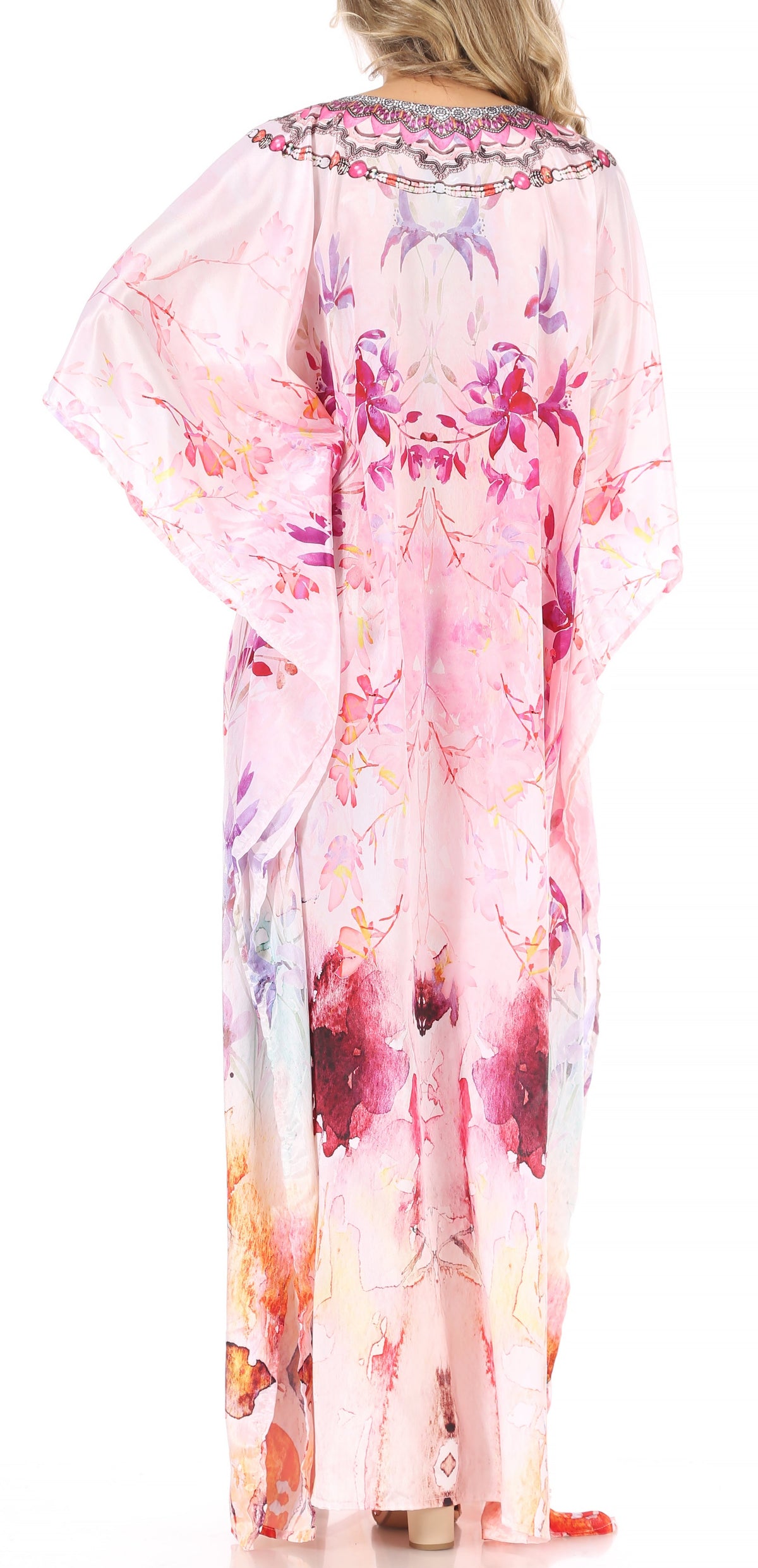 Sakkas Anahi Flowy Design V Neck Long Caftan Dress / Cover Up With Rhinestone