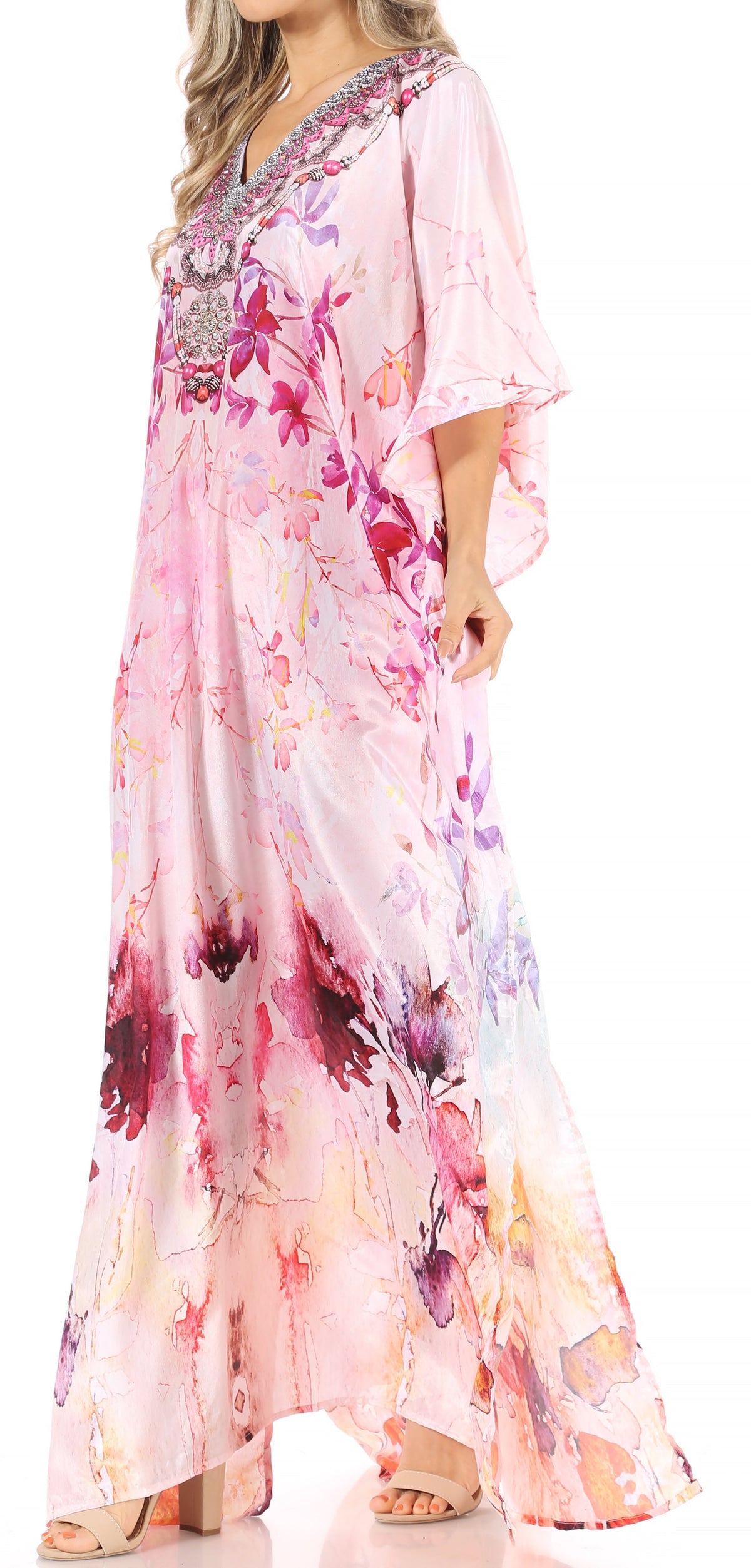 Sakkas Anahi Flowy Design V Neck Long Caftan Dress / Cover Up With Rhinestone