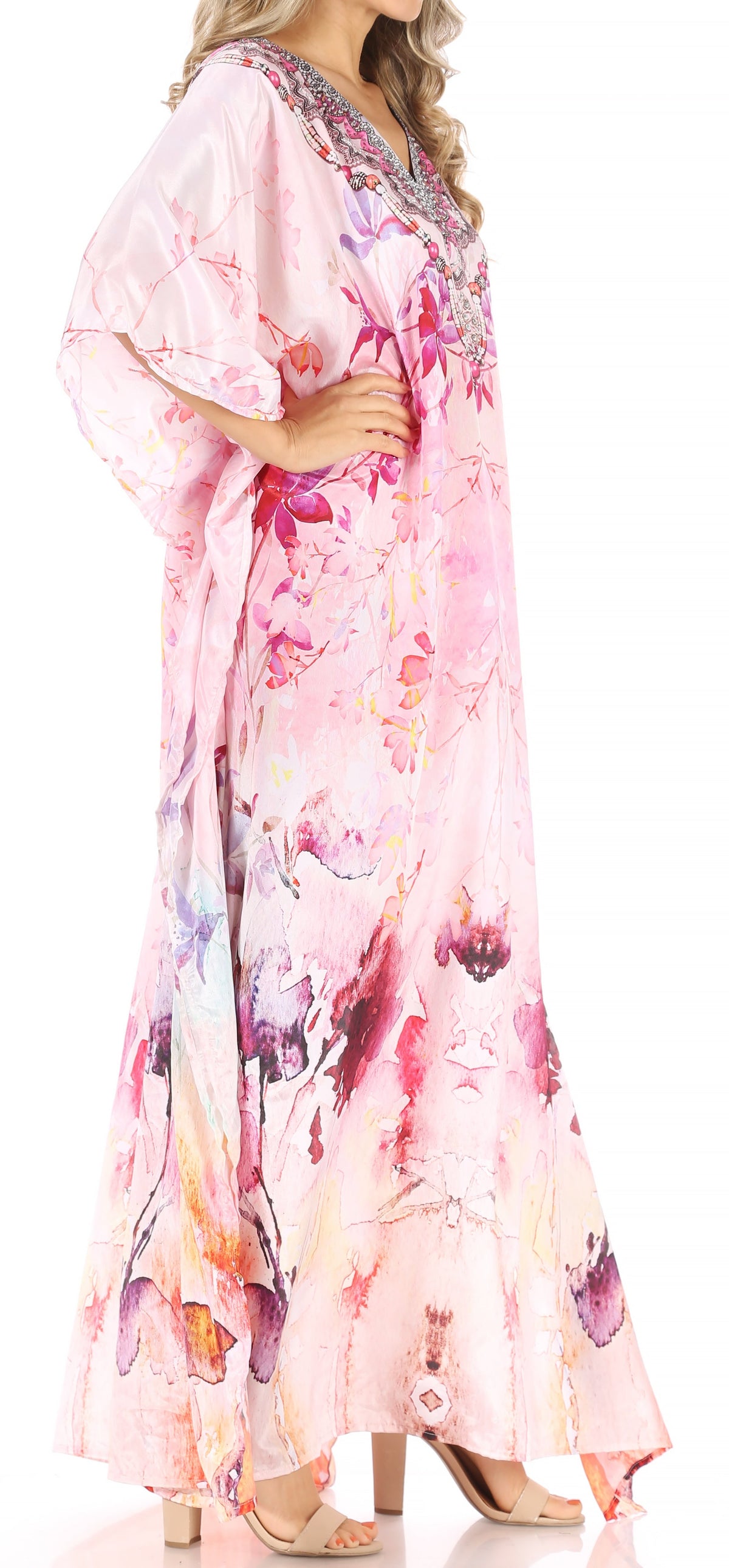 Sakkas Anahi Flowy Design V Neck Long Caftan Dress / Cover Up With Rhinestone