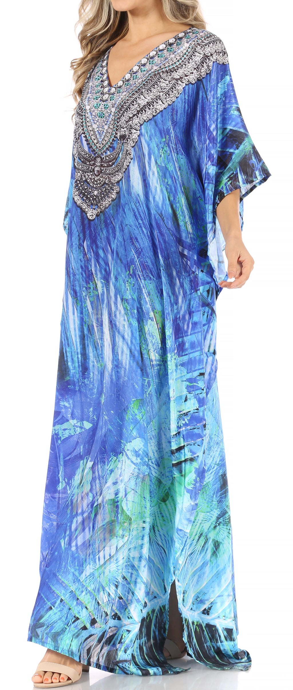 Sakkas Anahi Flowy Design V Neck Long Caftan Dress / Cover Up With Rhinestone