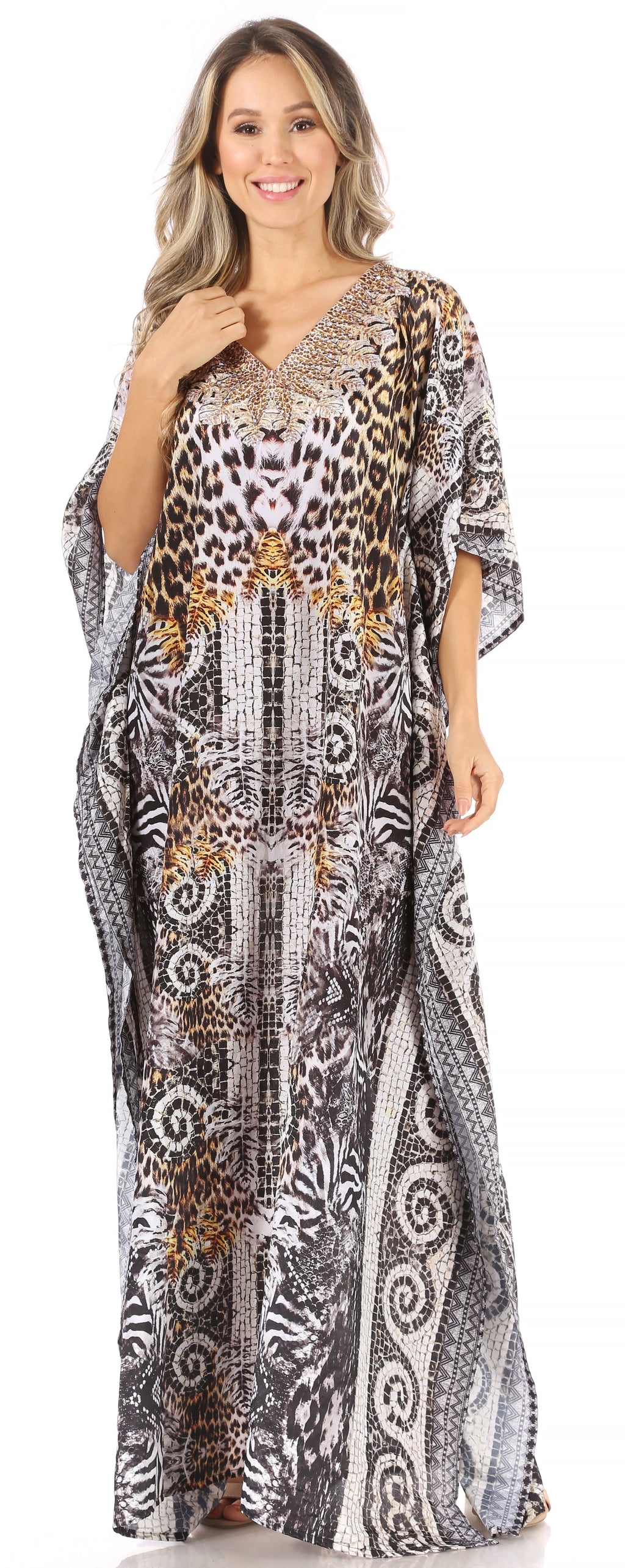 Sakkas Anahi Flowy Design V Neck Long Caftan Dress / Cover Up With Rhinestone