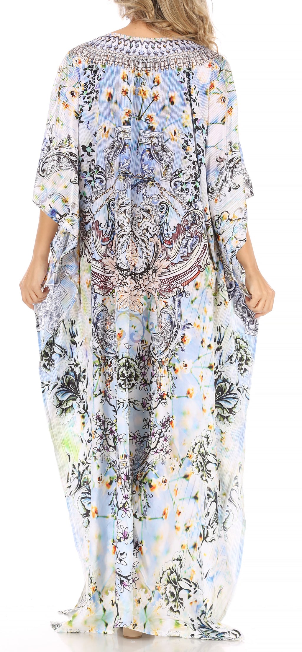 Sakkas Anahi Flowy Design V Neck Long Caftan Dress / Cover Up With Rhinestone