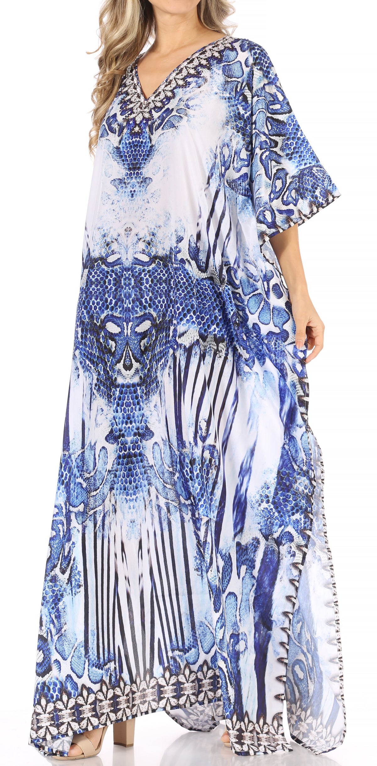 Sakkas Anahi Flowy Design V Neck Long Caftan Dress / Cover Up With Rhinestone