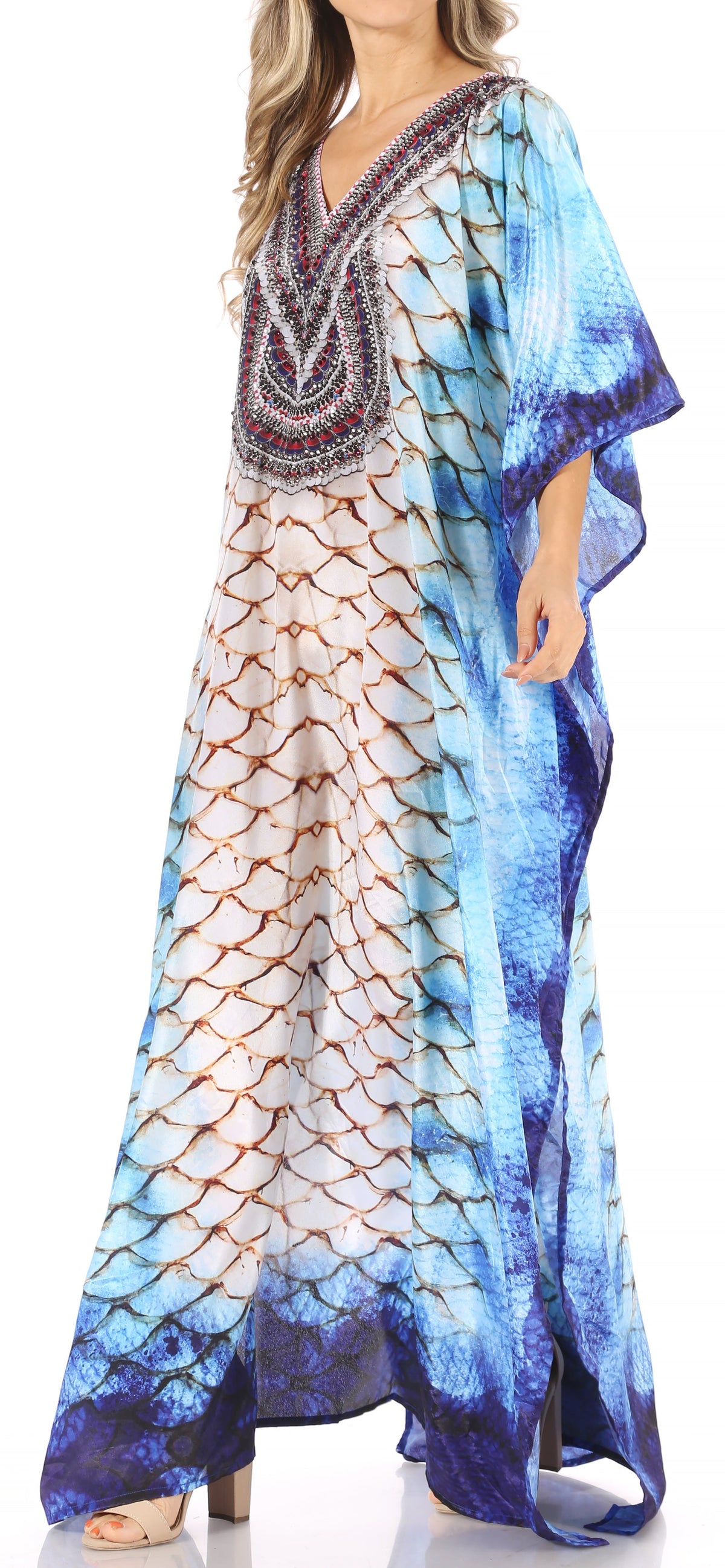 Sakkas Anahi Flowy Design V Neck Long Caftan Dress / Cover Up With Rhinestone