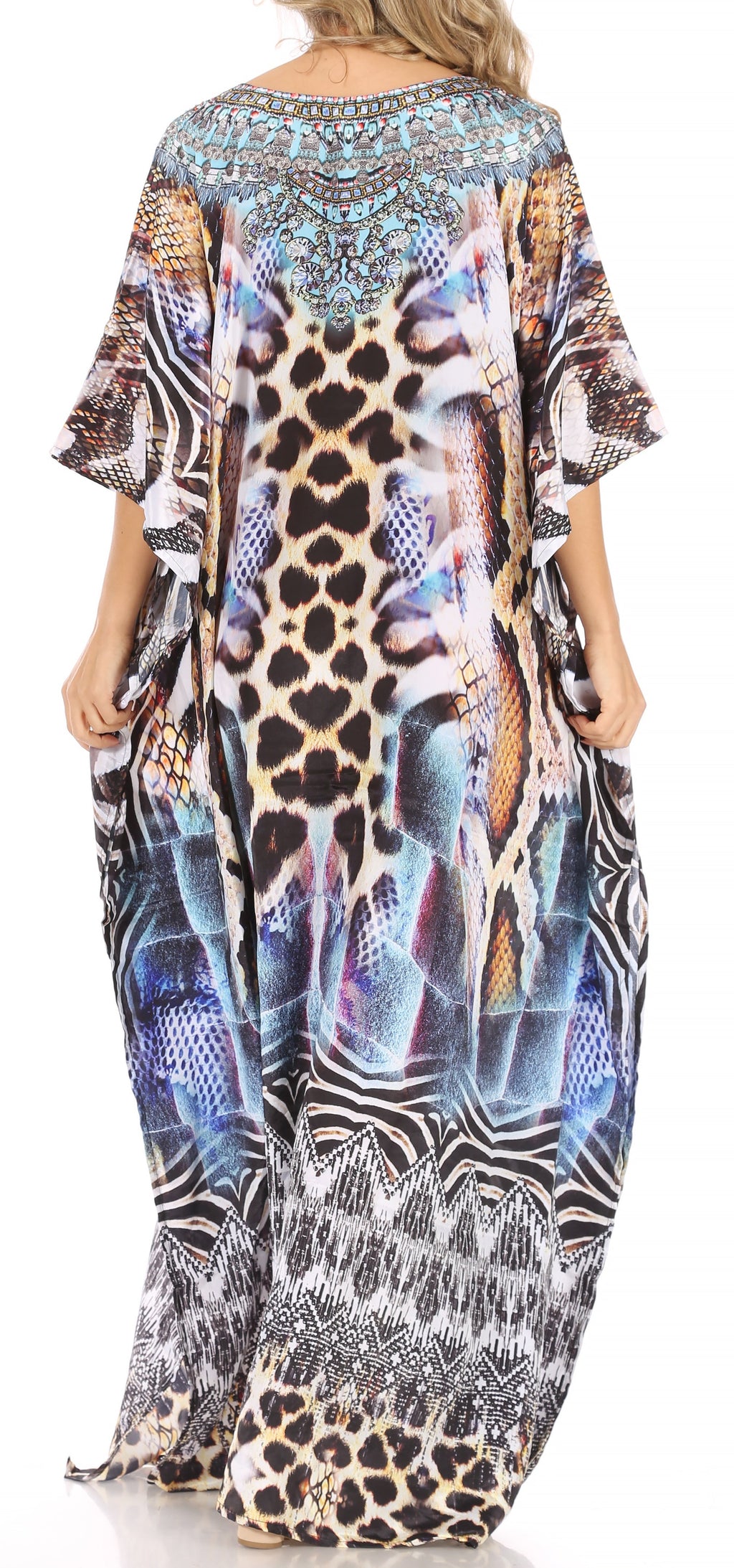 Sakkas Anahi Flowy Design V Neck Long Caftan Dress / Cover Up With Rhinestone
