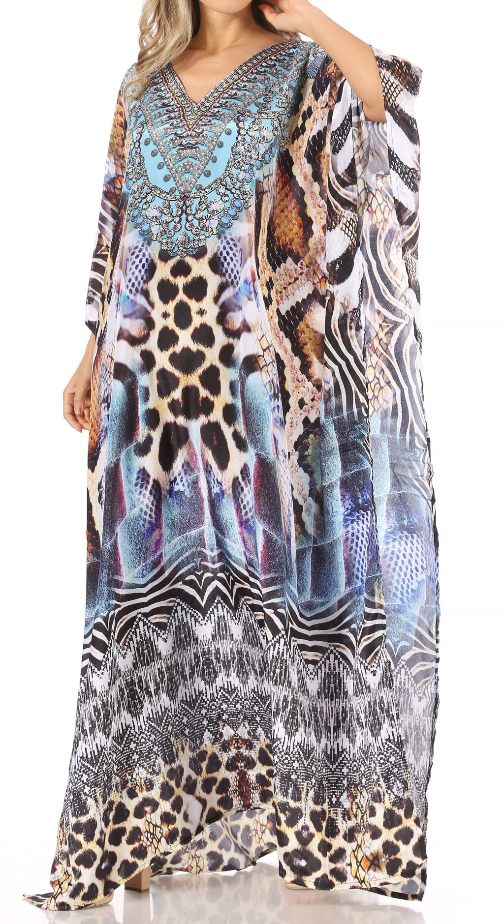 Sakkas Anahi Flowy Design V Neck Long Caftan Dress / Cover Up With Rhinestone