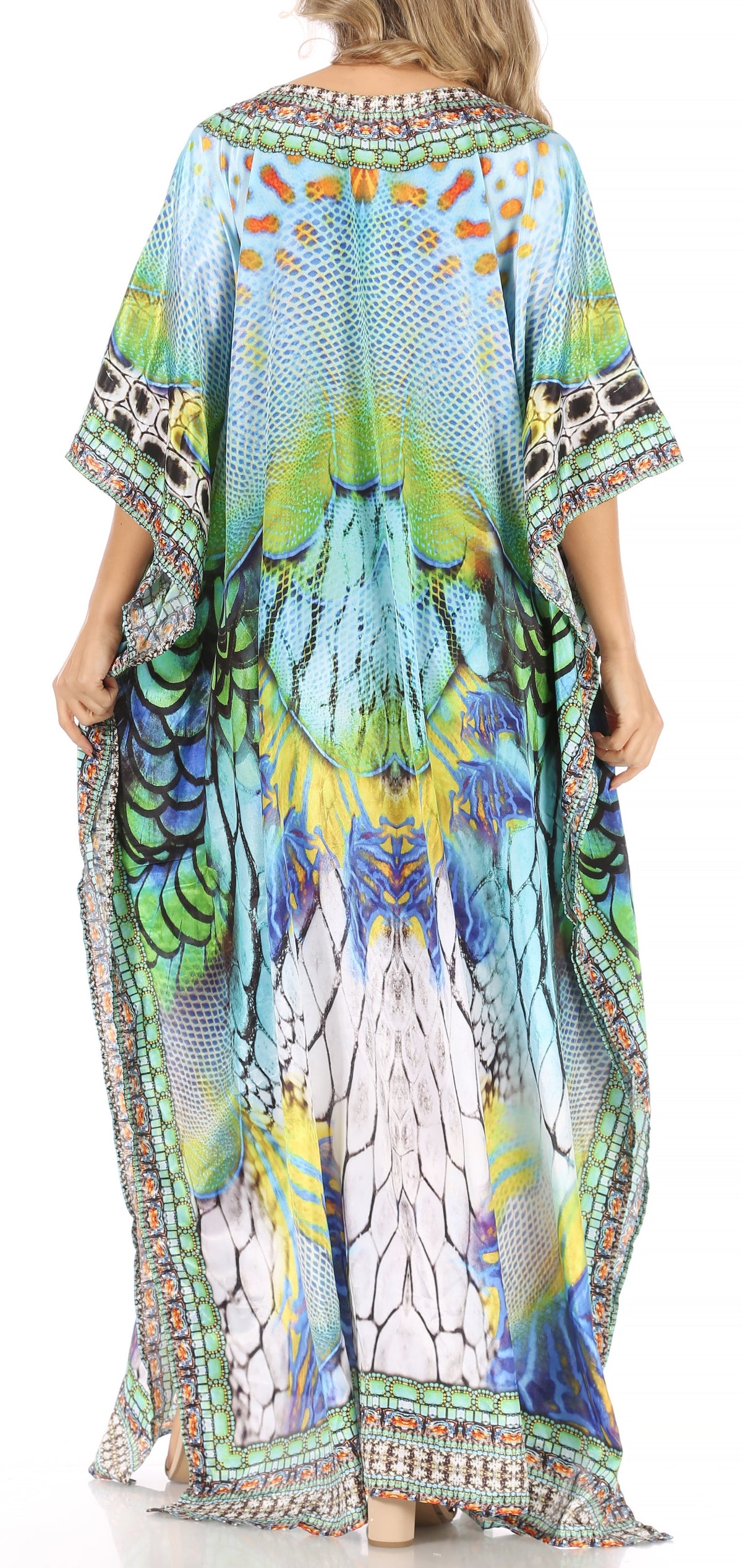 Sakkas Anahi Flowy Design V Neck Long Caftan Dress / Cover Up With Rhinestone