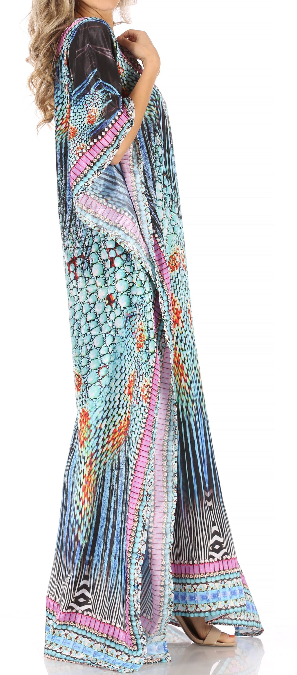 Sakkas Anahi Flowy Design V Neck Long Caftan Dress / Cover Up With Rhinestone