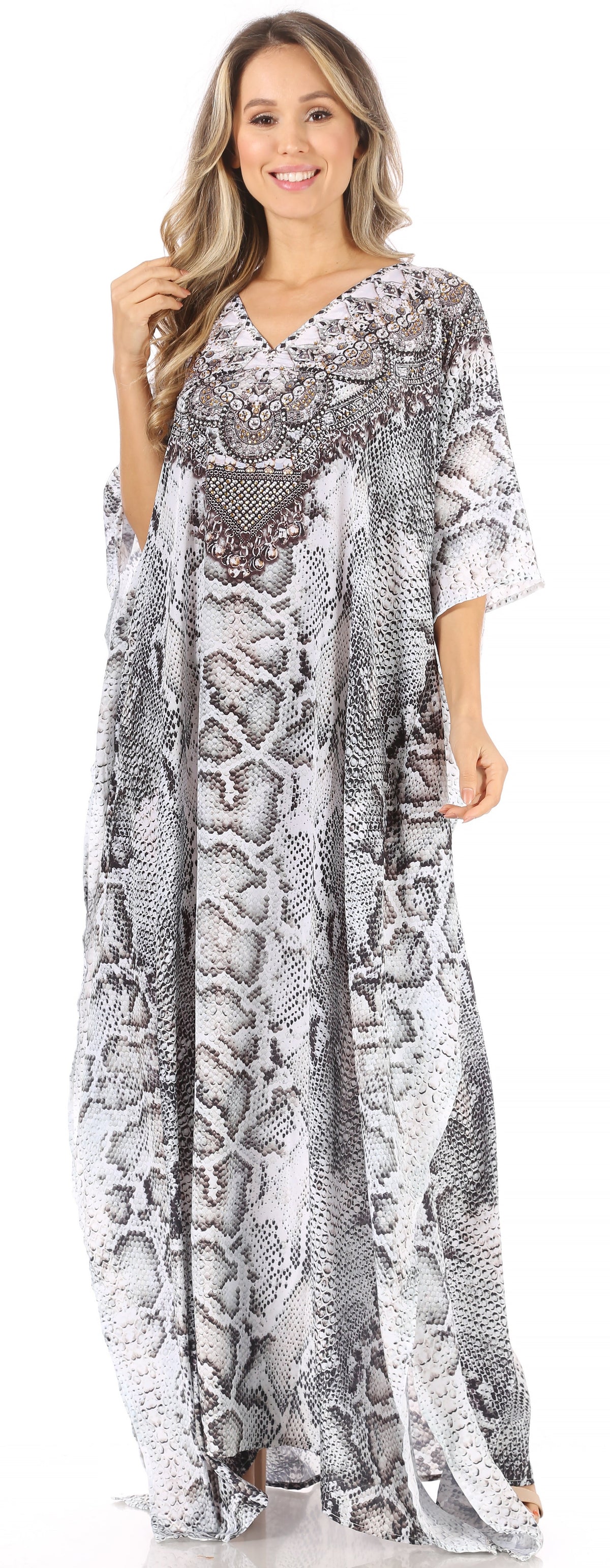 Sakkas Anahi Flowy Design V Neck Long Caftan Dress / Cover Up With Rhinestone