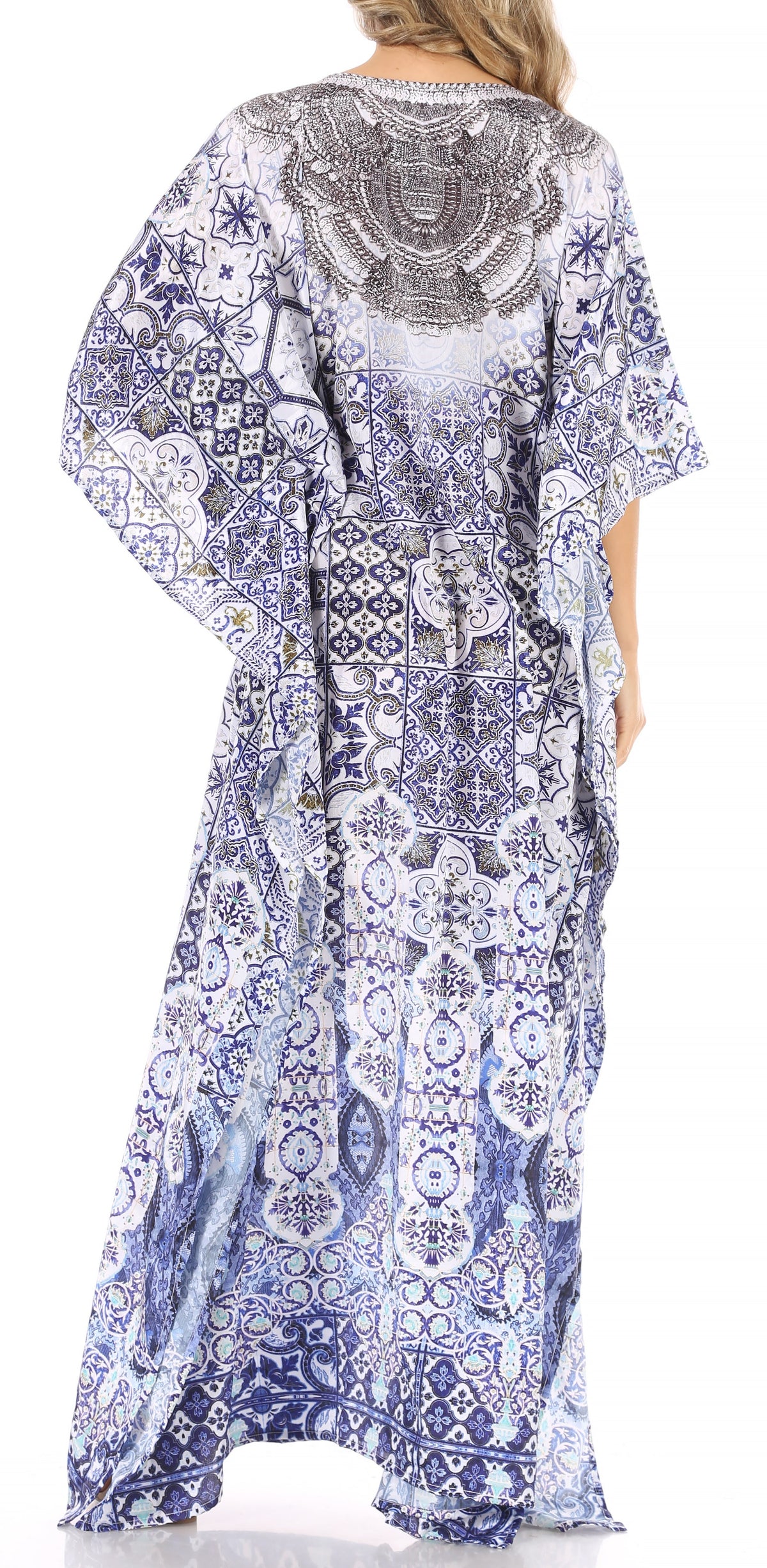Sakkas Anahi Flowy Design V Neck Long Caftan Dress / Cover Up With Rhinestone