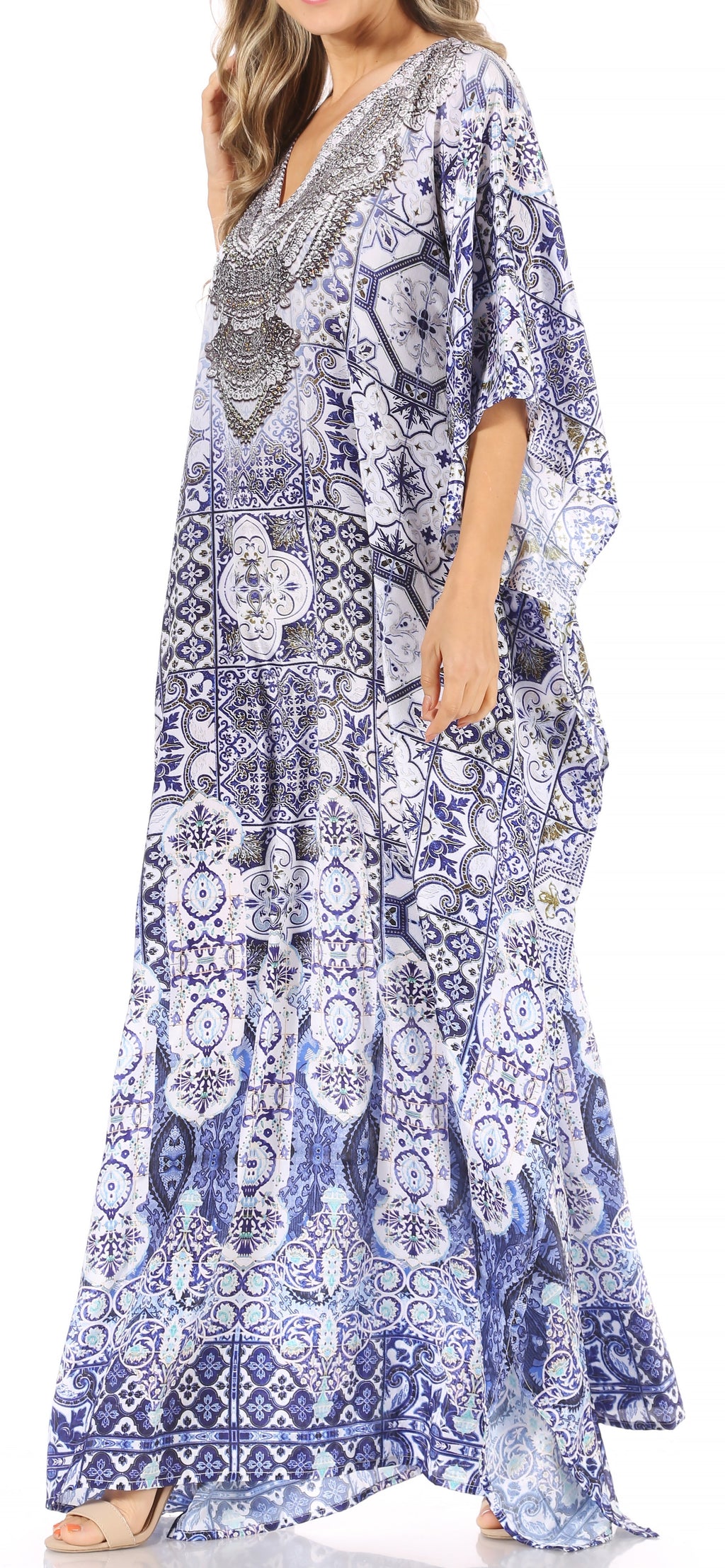 Sakkas Anahi Flowy Design V Neck Long Caftan Dress / Cover Up With Rhinestone