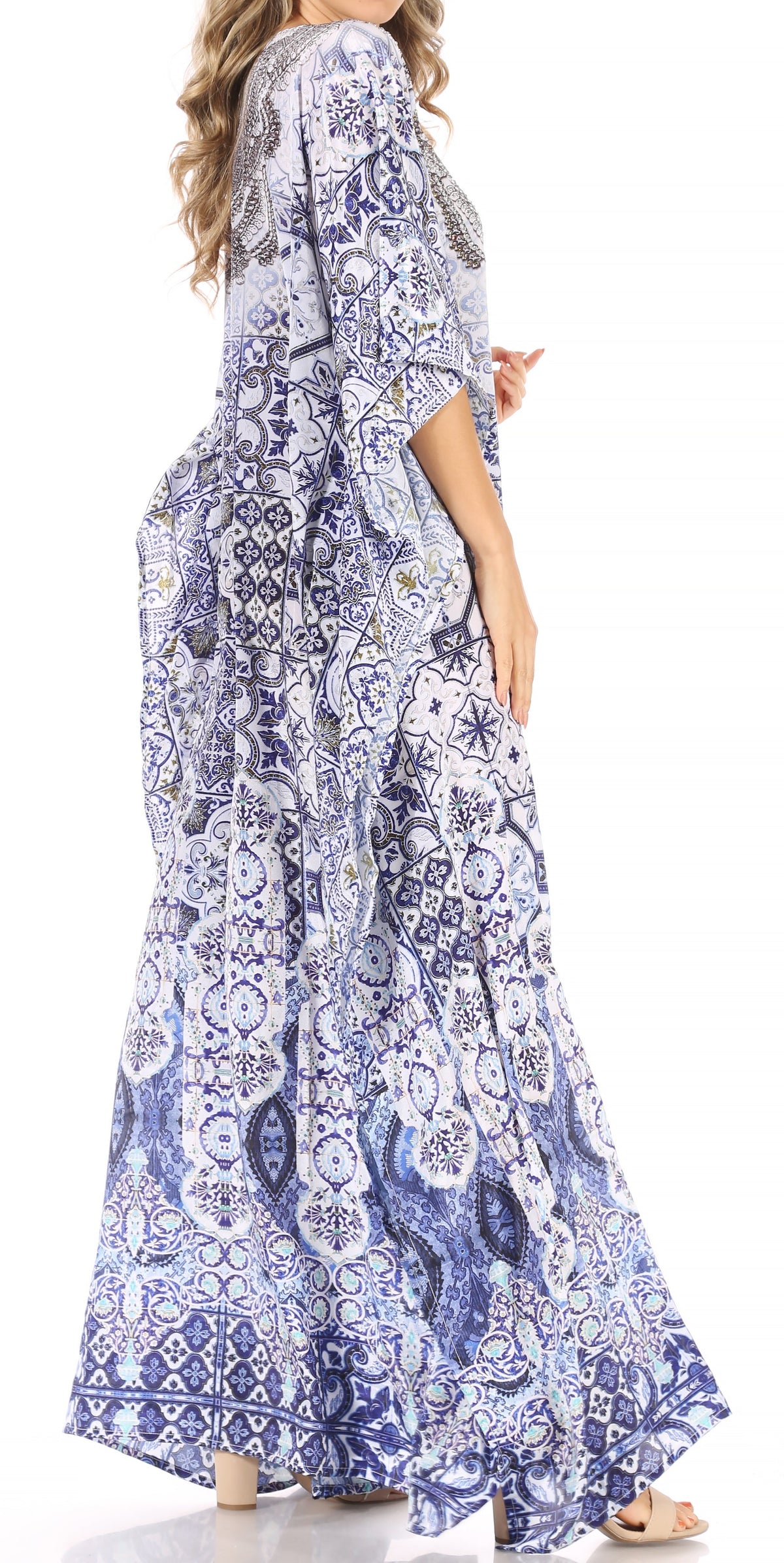 Sakkas Anahi Flowy Design V Neck Long Caftan Dress / Cover Up With Rhinestone