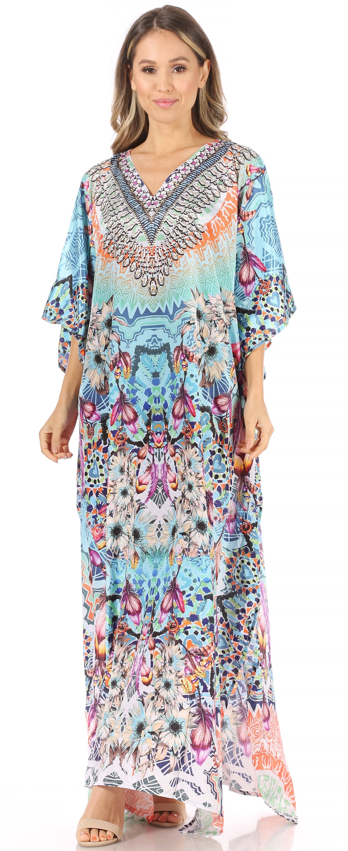 Sakkas Anahi Flowy Design V Neck Long Caftan Dress / Cover Up With Rhinestone