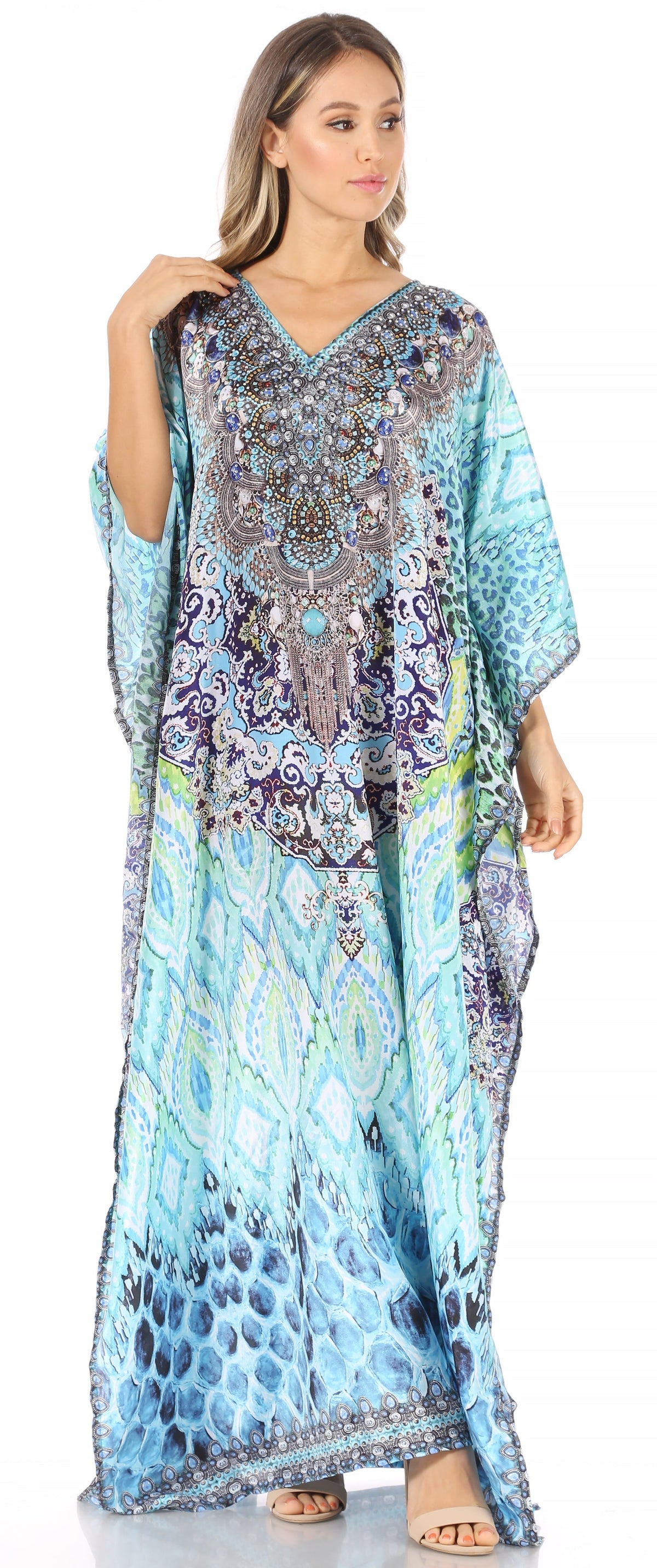 Sakkas Anahi Flowy Design V Neck Long Caftan Dress / Cover Up With Rhinestone