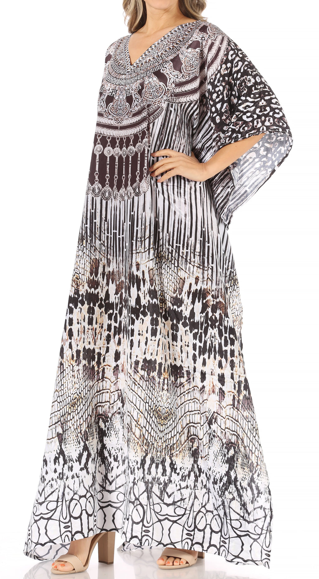 Sakkas Anahi Flowy Design V Neck Long Caftan Dress / Cover Up With Rhinestone