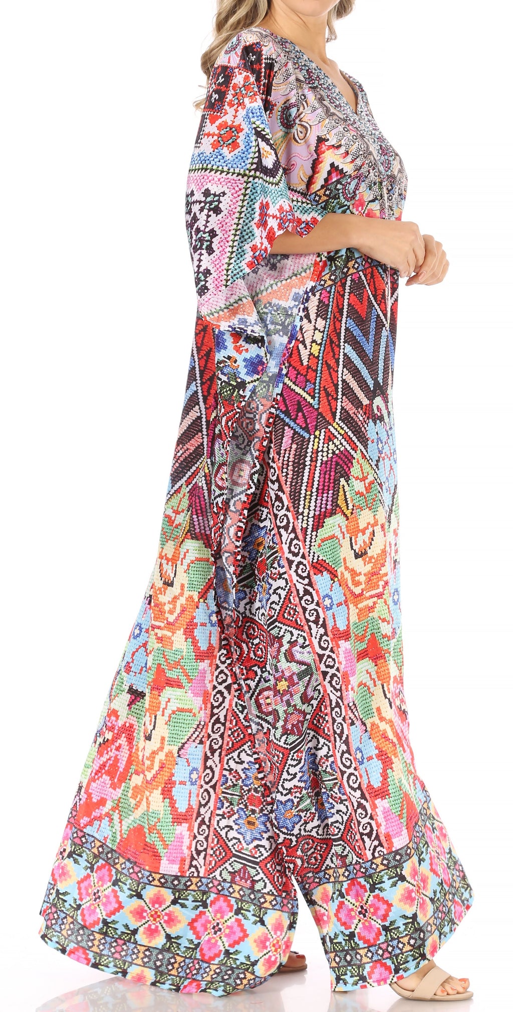 Sakkas Anahi Flowy Design V Neck Long Caftan Dress / Cover Up With Rhinestone