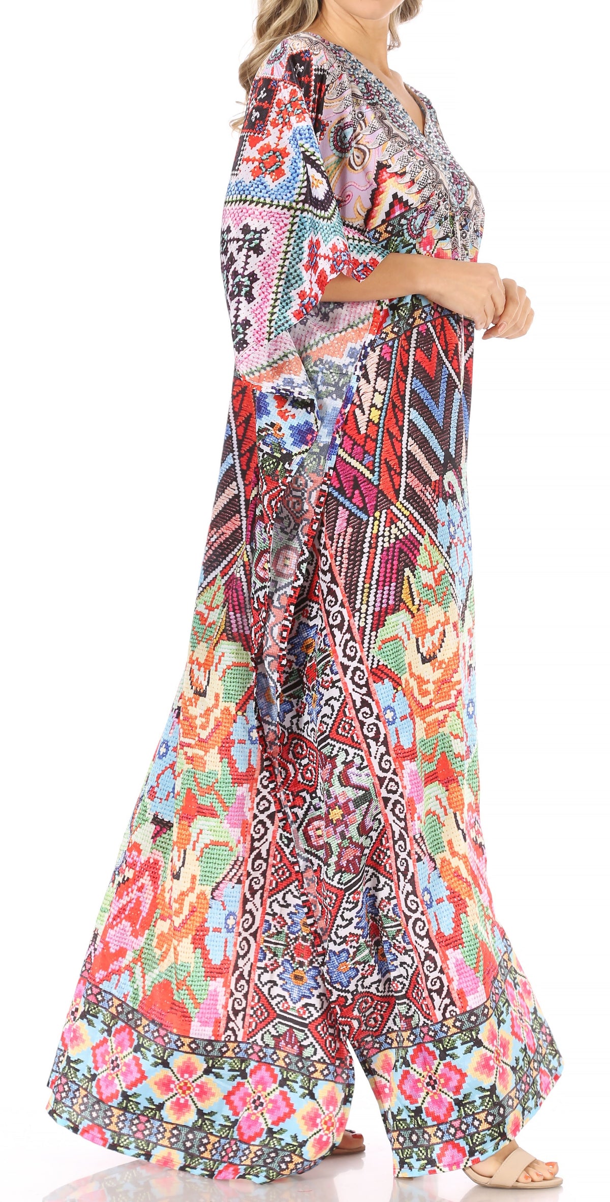 Sakkas Anahi Flowy Design V Neck Long Caftan Dress / Cover Up With Rhinestone