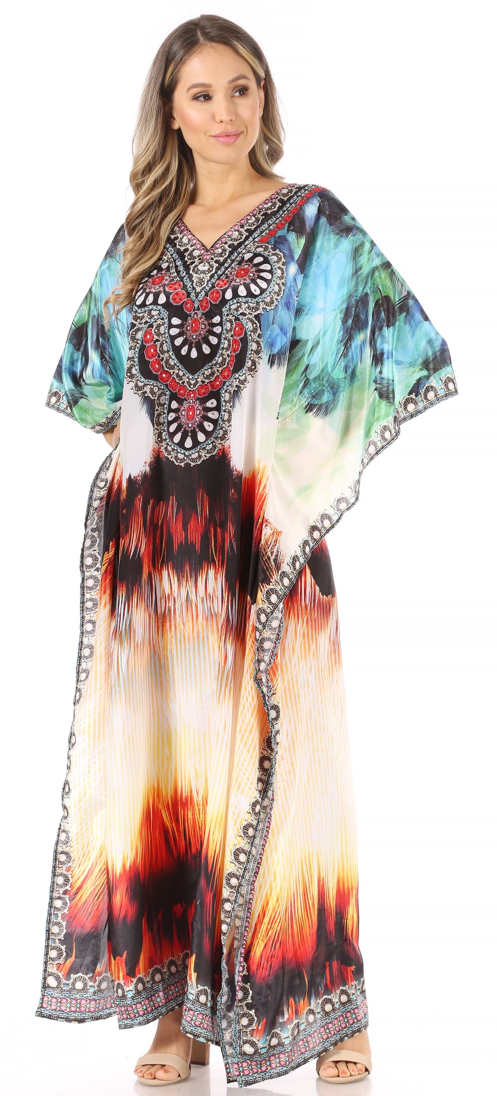 Sakkas Anahi Flowy Design V Neck Long Caftan Dress / Cover Up With Rhinestone