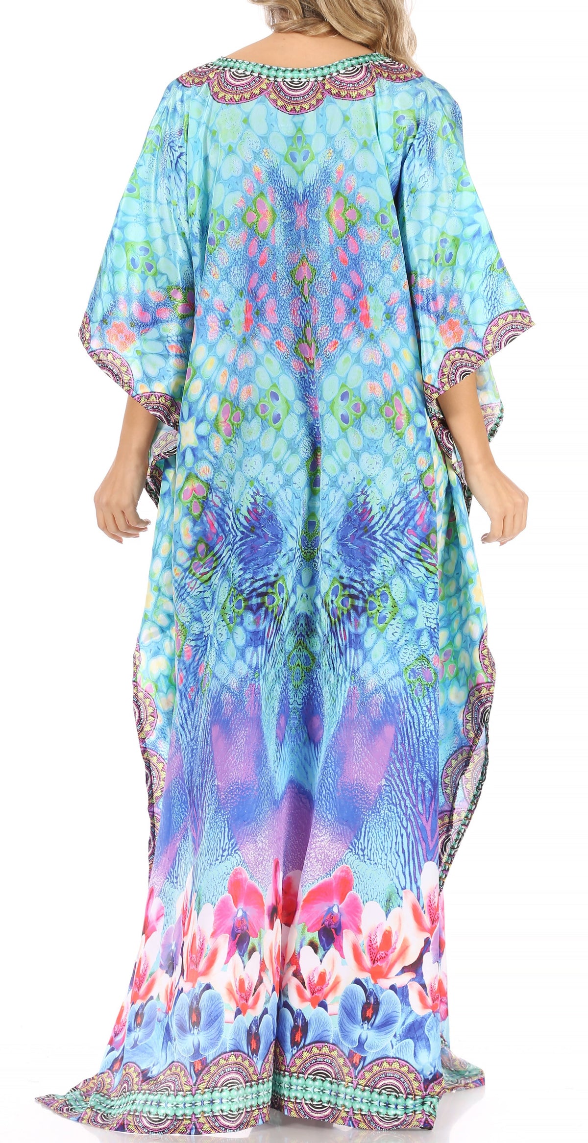 Sakkas Anahi Flowy Design V Neck Long Caftan Dress / Cover Up With Rhinestone