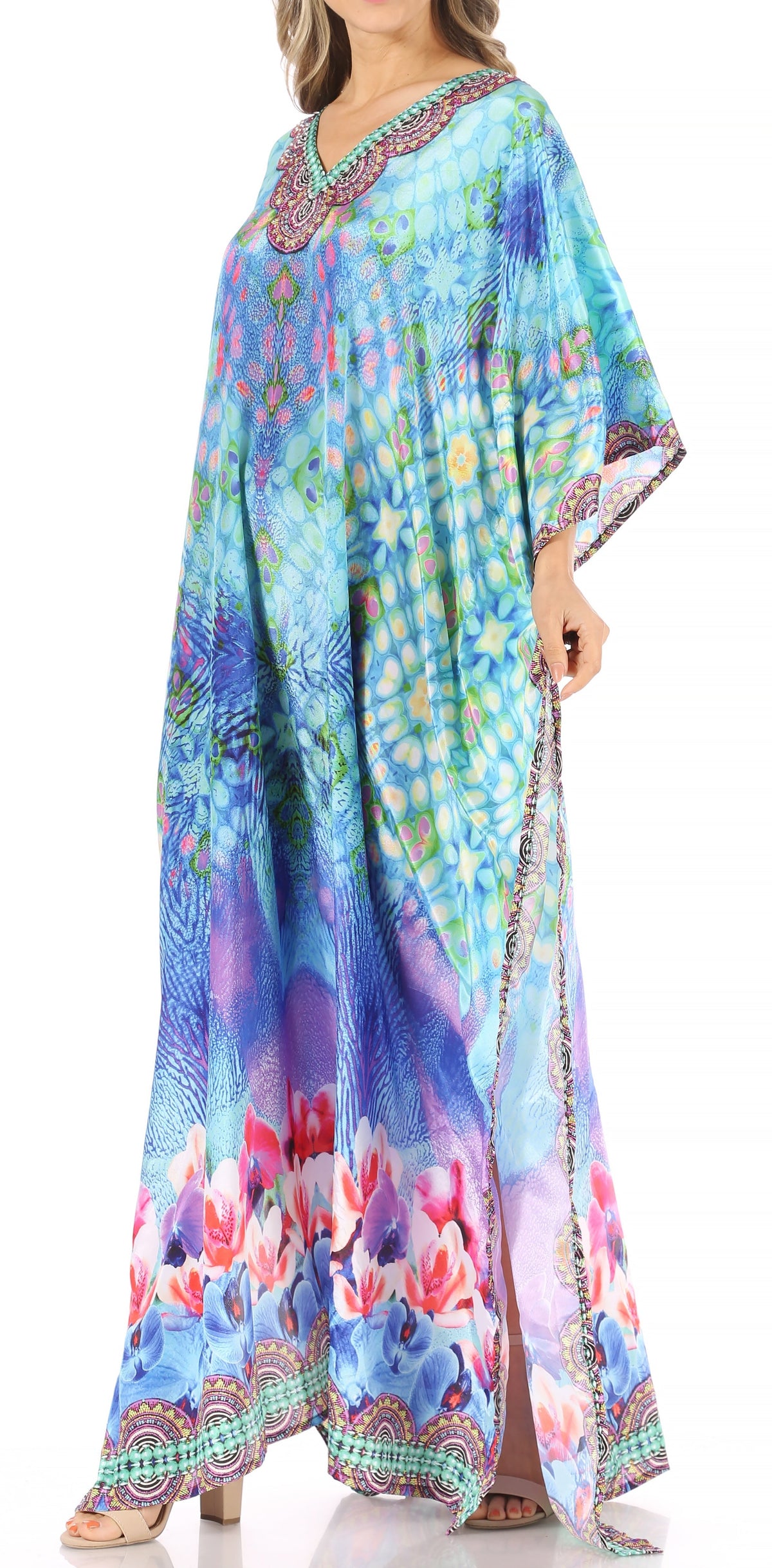 Sakkas Anahi Flowy Design V Neck Long Caftan Dress / Cover Up With Rhinestone