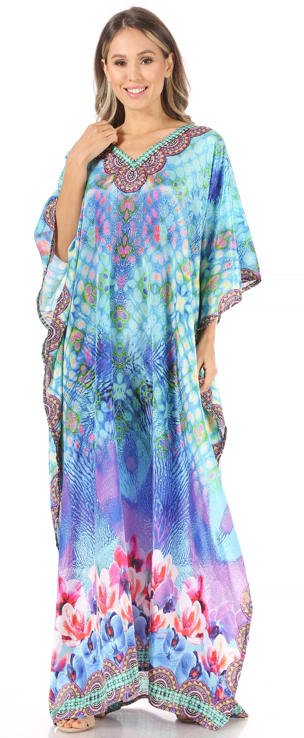 Sakkas Anahi Flowy Design V Neck Long Caftan Dress / Cover Up With Rhinestone