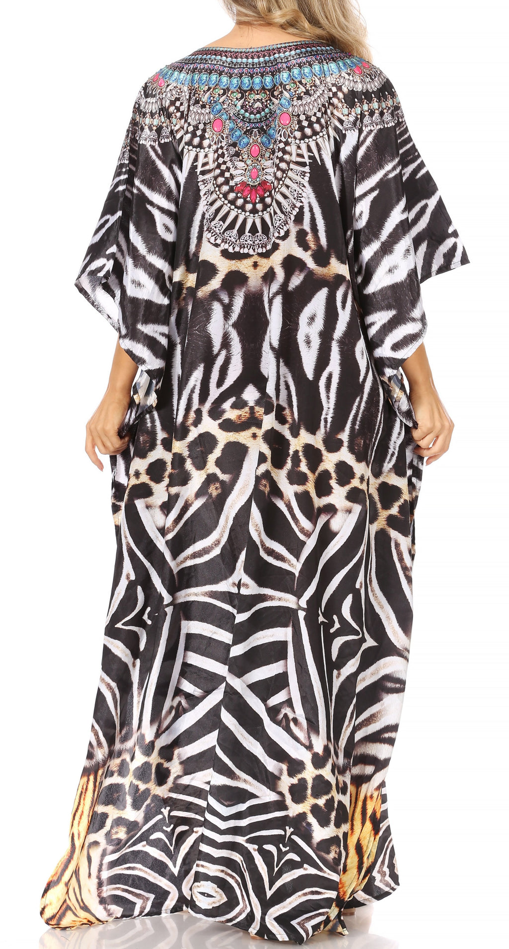 Sakkas Anahi Flowy Design V Neck Long Caftan Dress / Cover Up With Rhinestone