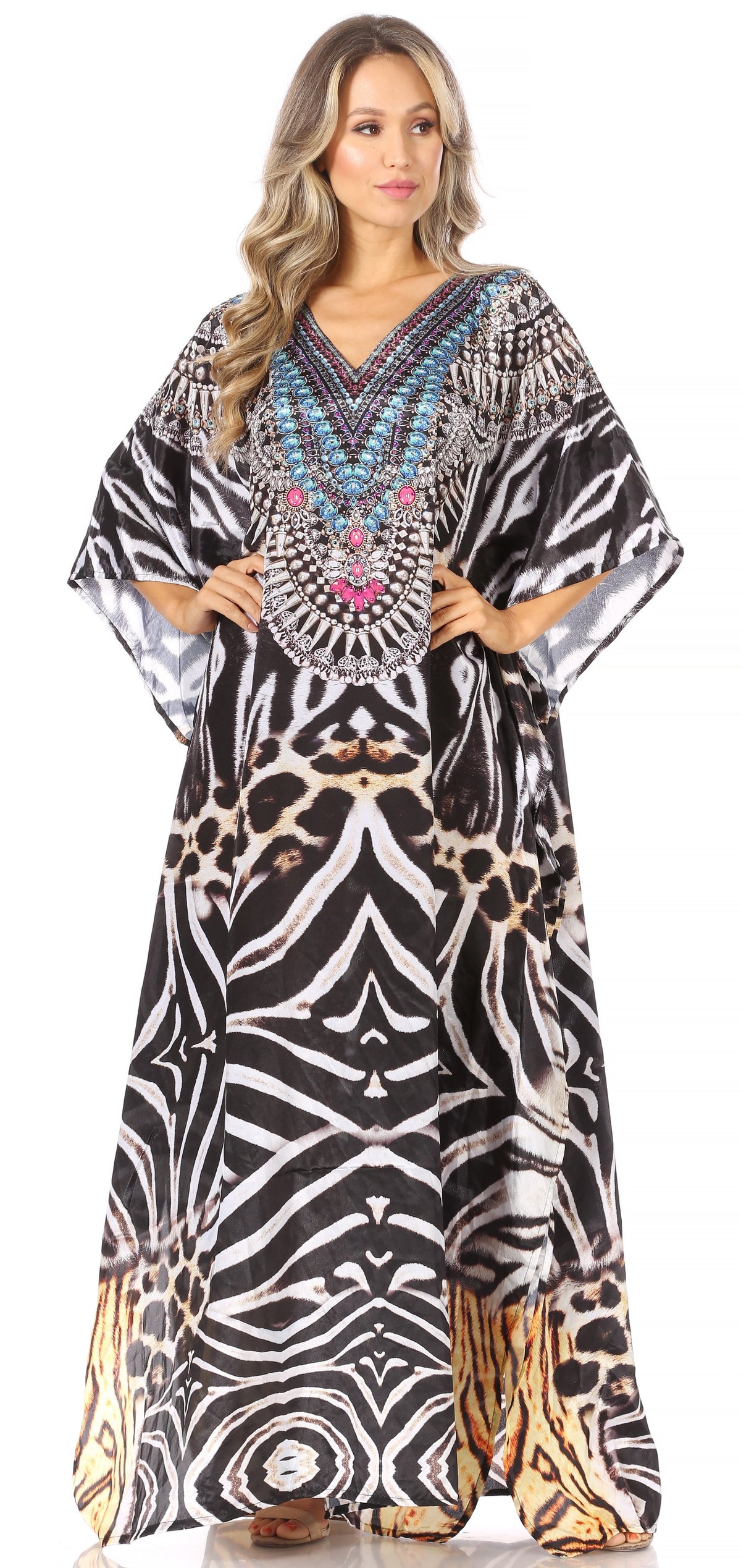 Sakkas Anahi Flowy Design V Neck Long Caftan Dress / Cover Up With Rhinestone