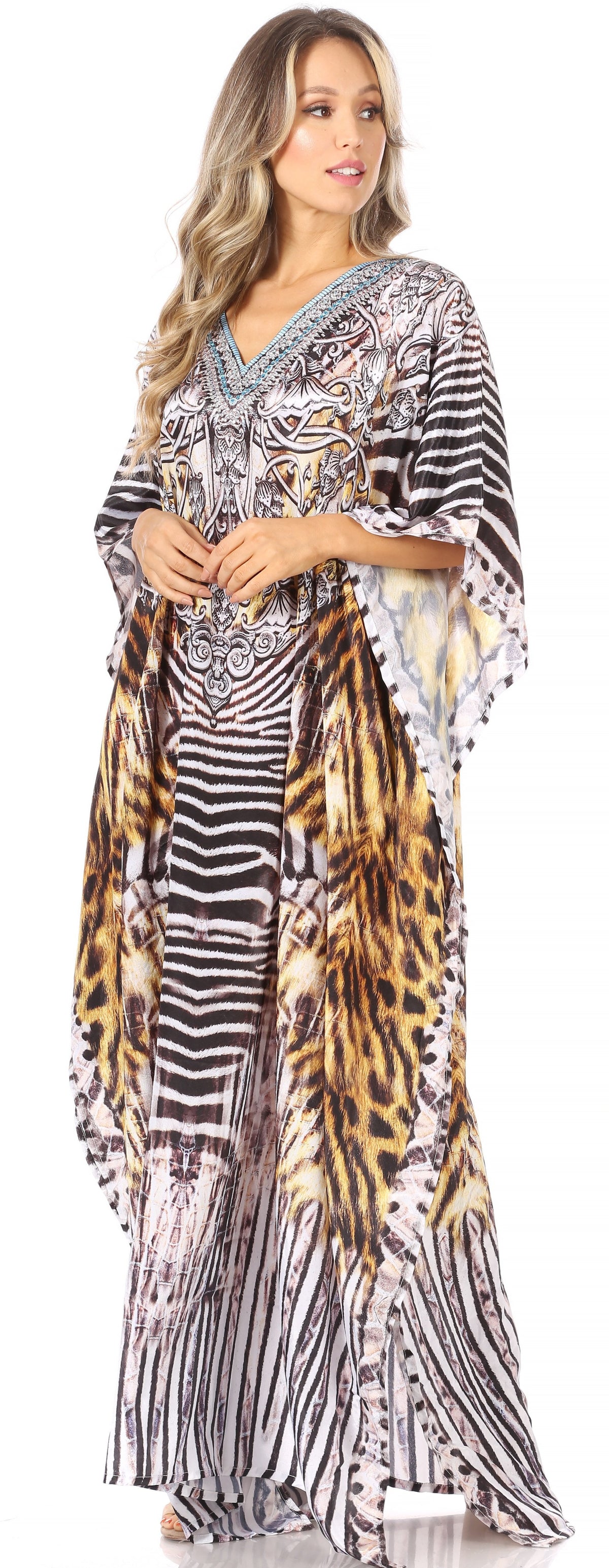 Sakkas Anahi Flowy Design V Neck Long Caftan Dress / Cover Up With Rhinestone