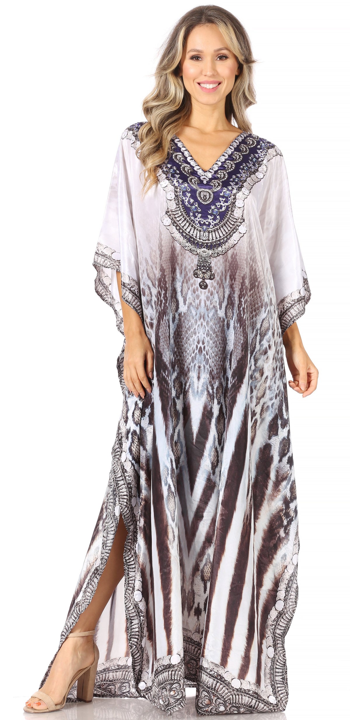 Sakkas Anahi Flowy Design V Neck Long Caftan Dress / Cover Up With Rhinestone