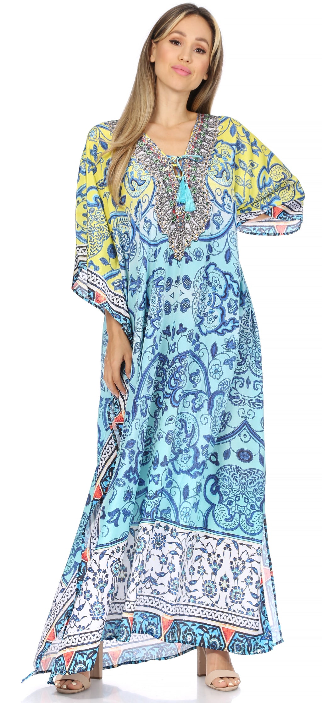 Sakkas Georgettina Flowy Rhinestone V Neck Long Caftan Dress/Cover Up