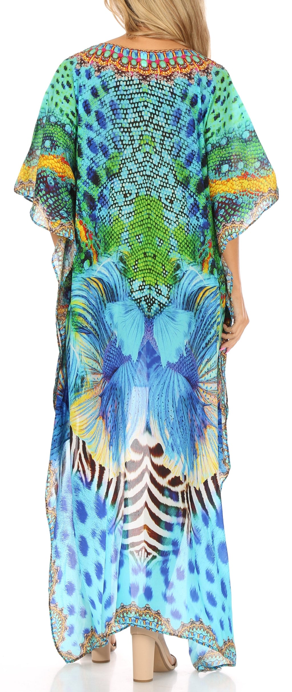 Sakkas Laisson Flowy Hi Low Caftan Rhinestone Boxy V Neck Dress Top Cover / Up