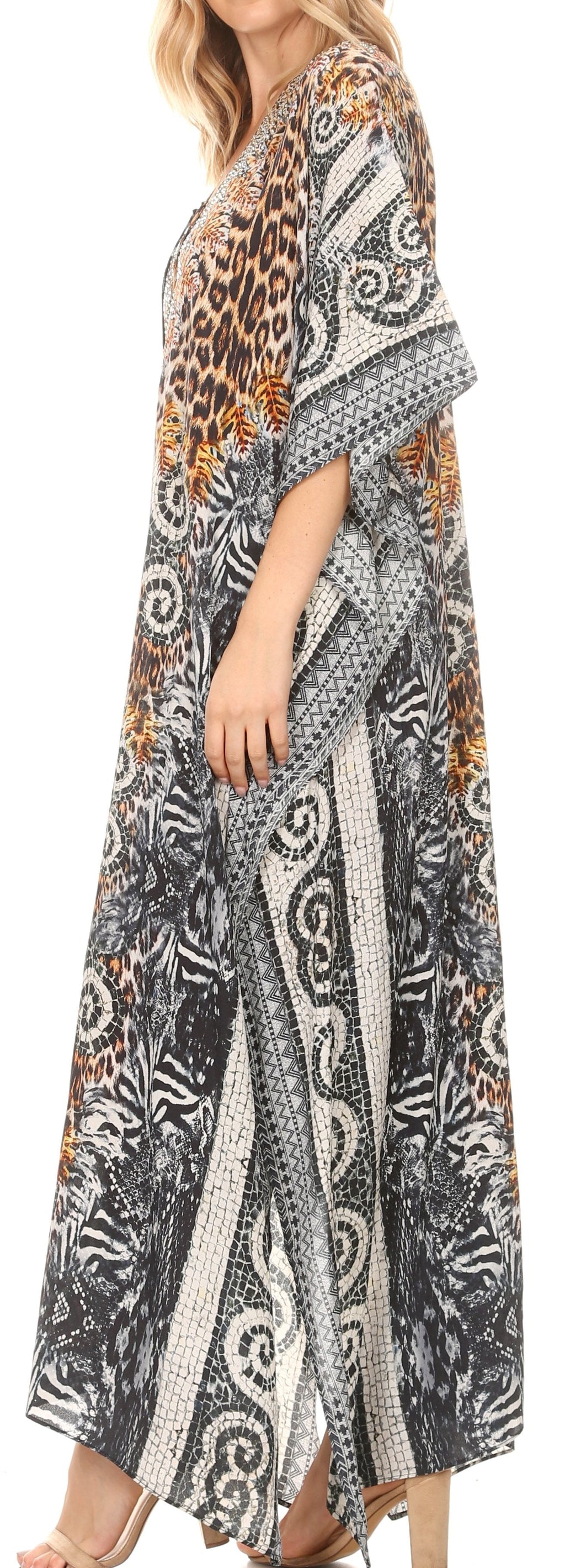 Sakkas Milanna Women's V neck Short Sleeve Vibrant Print Caftan Dress Cover-up