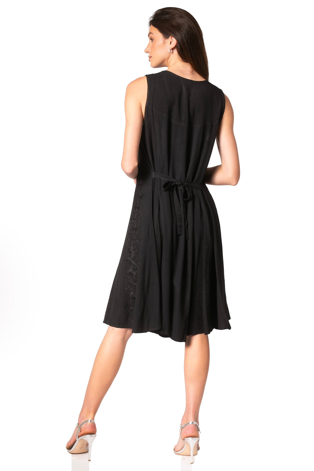 Sakkas Maya Midi Floral Embroidered Sleeveless Button Up Rayon Dress
