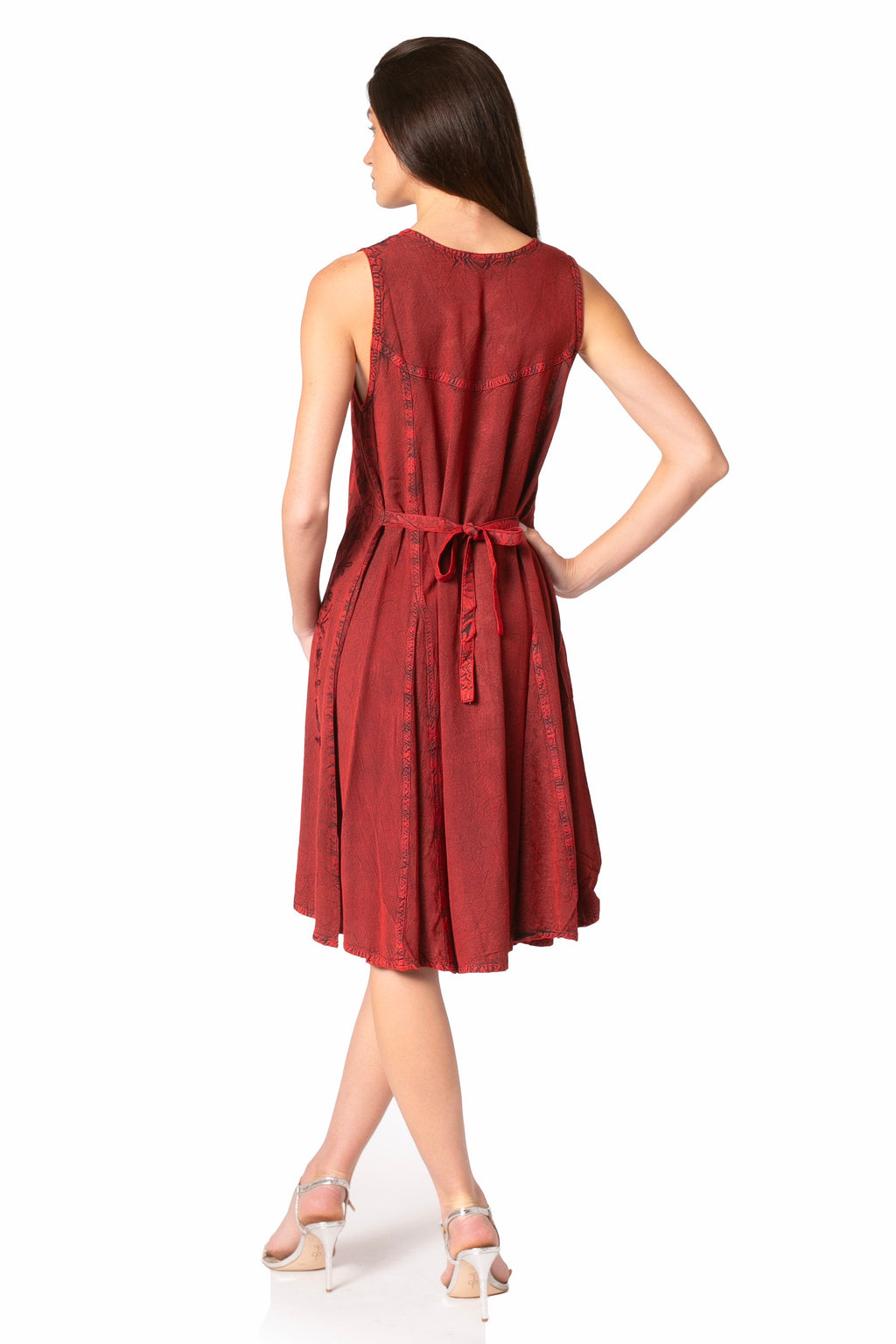 Sakkas Maya Midi Floral Embroidered Sleeveless Button Up Rayon Dress