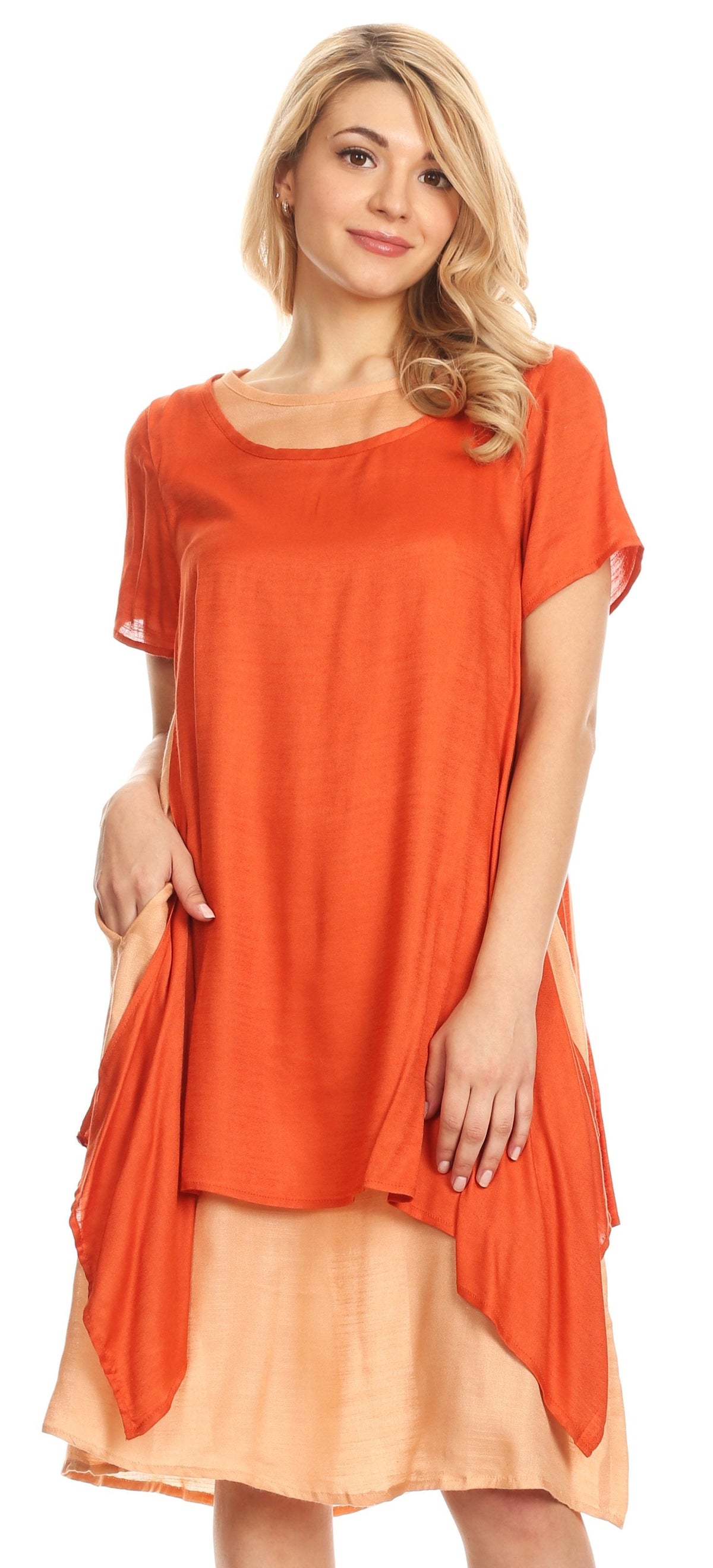 Sakkas Arina Midi Double Layered Short Sleeve Dress Solid with Pockets