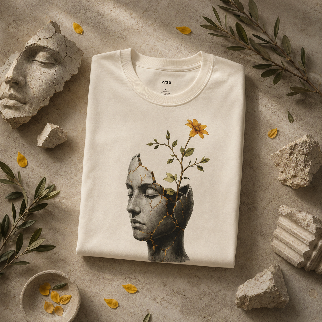 SEEN. Still Becoming Tee — Cracked Sculpture, Flower Growth
