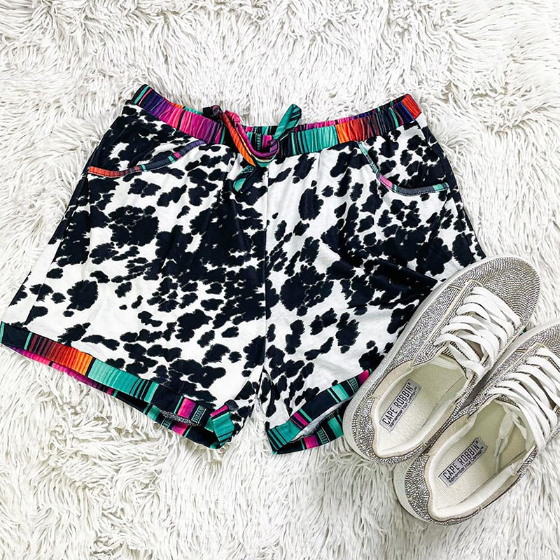 New Shorts Leopard Print Stitching Sports Casual Waist Elastic Shorts Women