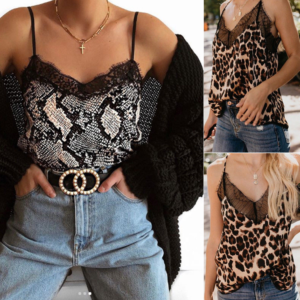 Womens Summer Sexy Casual V-Neck Sleeveless Button Leopard Print Lace Camisole Crop Top Vest Tank Tops