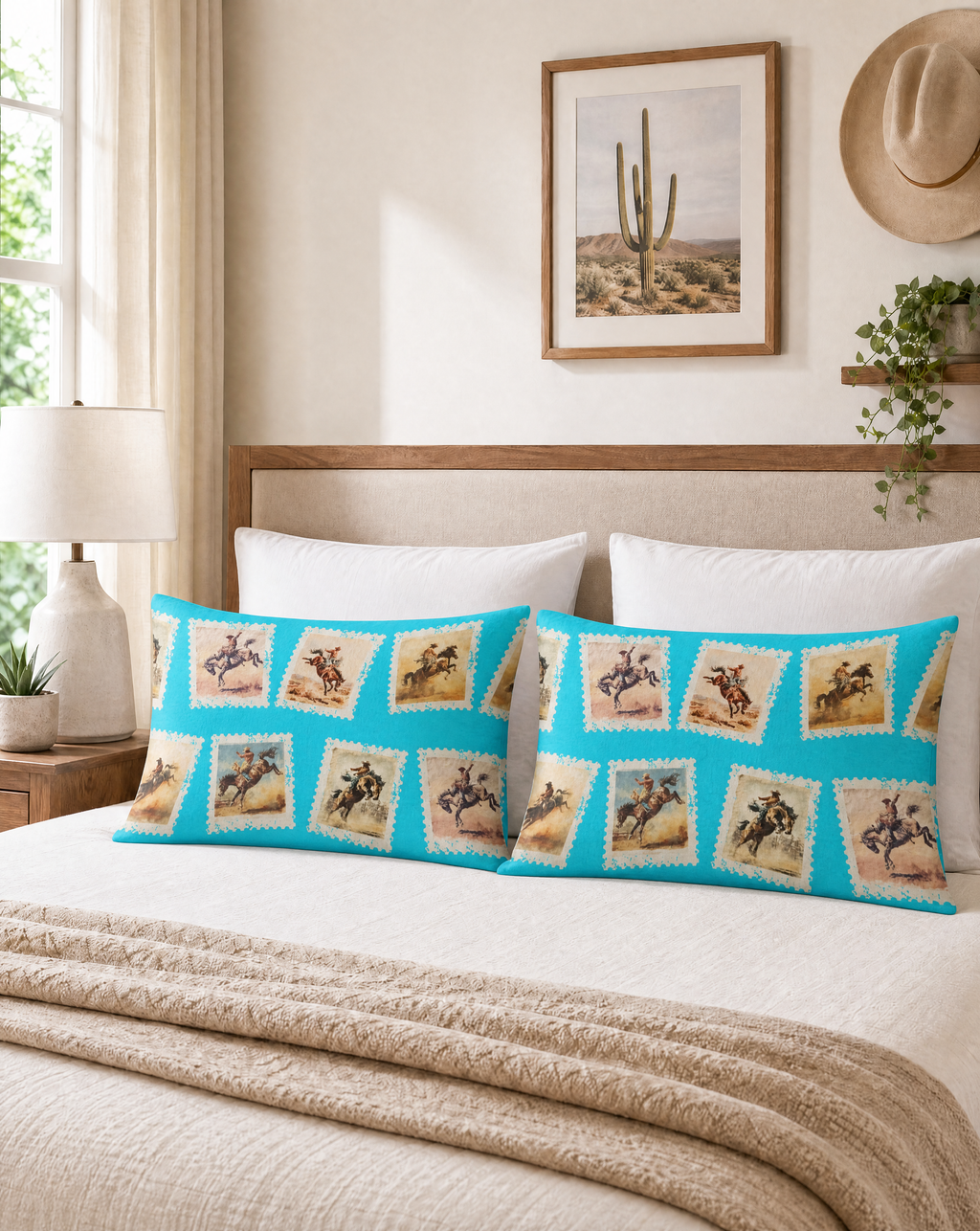 Baha Ranch Cowboy Stamp Turquoise Pillowcase Made in America