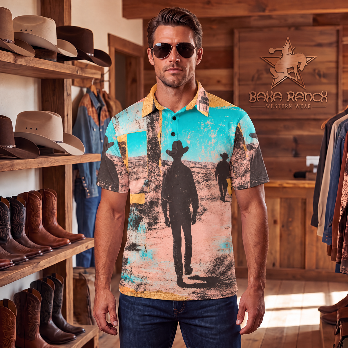 Baha Ranch Retro Pop Western Desert Cowboy Polo Shirt