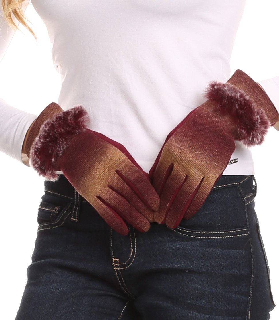 Sakkas Sophie Ombre Knitted Faux Fur Wrist Band Touch Screen Capable Gloves