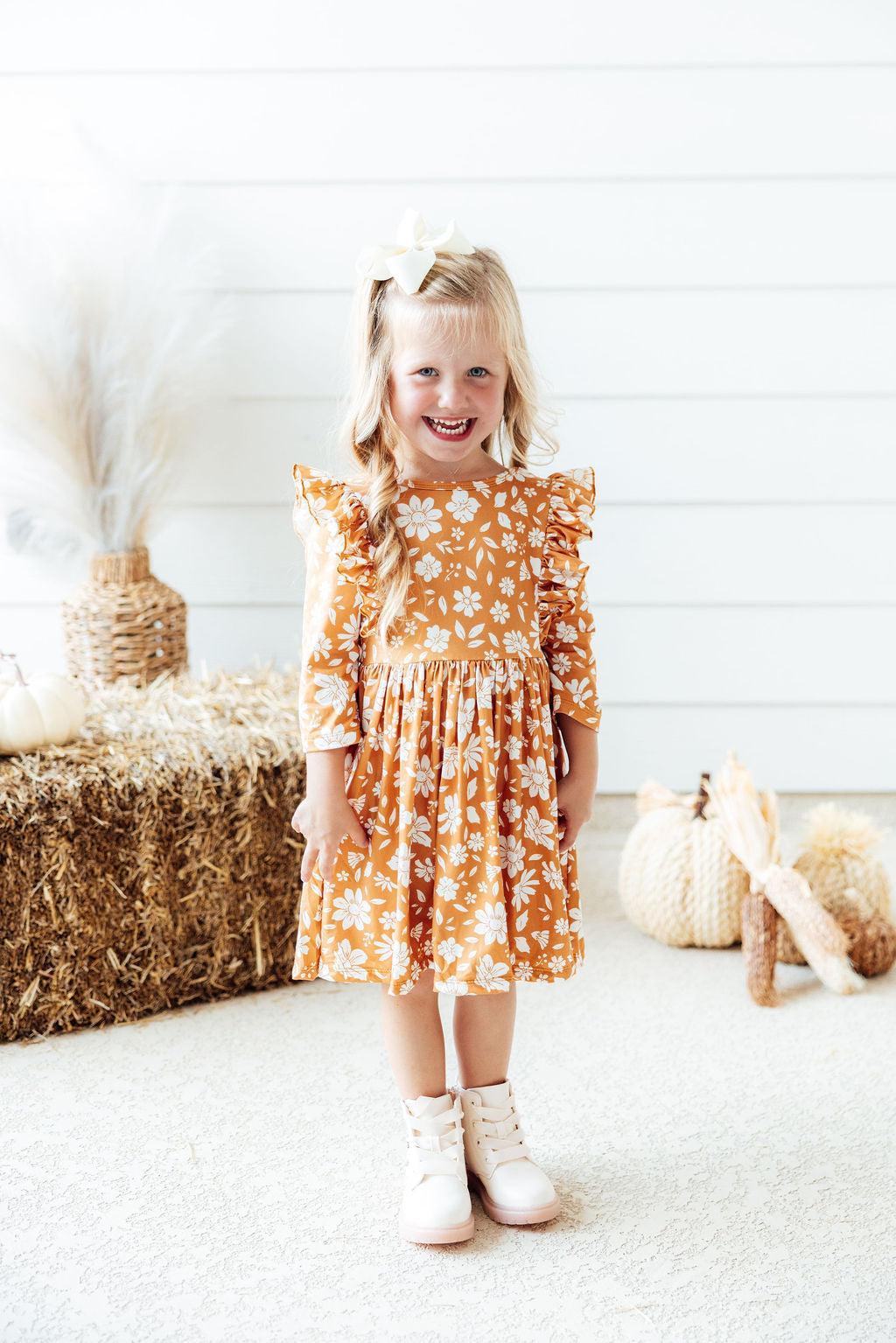 Golden Blooms 3/4 Sleeve Ruffle Twirl Dress