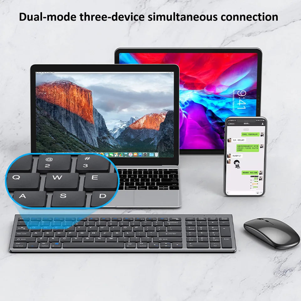 HKXA™ Bluetooth 5.0 & 2.4G Wireless Keyboard & Mouse Combo – 98 Keys, Tri-Mode, Rechargeable, Multi-Device, 200H Battery, Auto Sleep, Multi-Language, Black, Silver, Gray & Blue | FlipStylez LLC®