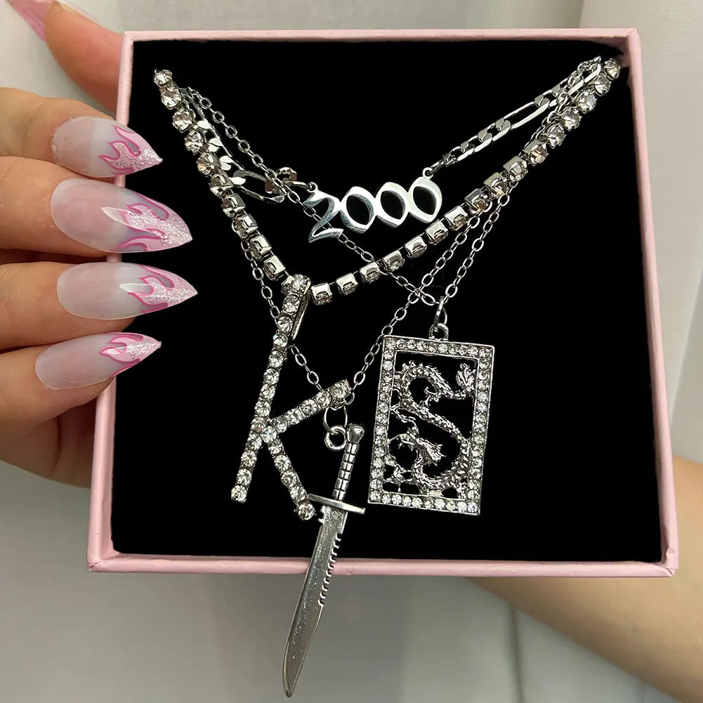New Multi Layer Butterfly Dragon Charms Crystal Necklaces For Women Punk Golden Angel Letter Clavicle Chain Hiphop Gifts Jewelry
