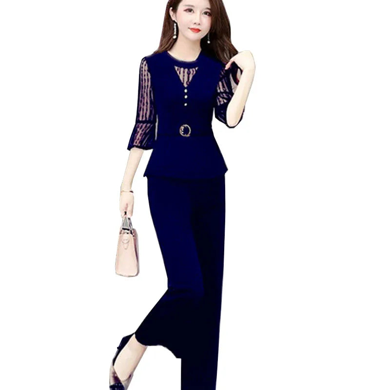 5XL Women Pants 2-Piece Set Female Summer Set Lady Slim Tops+ Wide Leg
