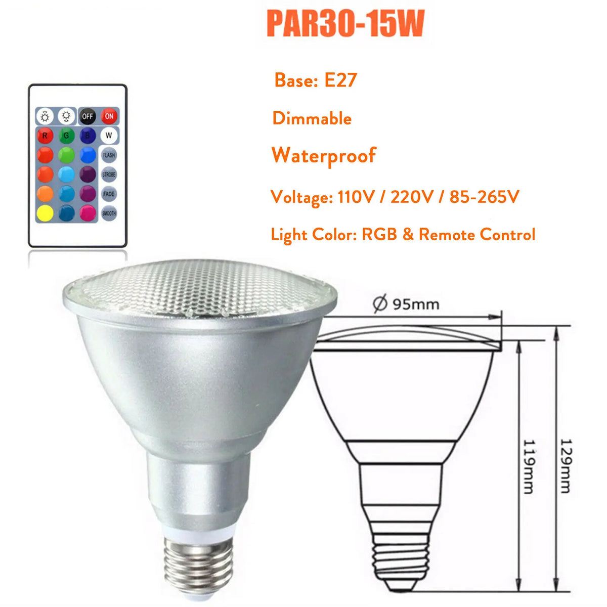 Dimmable RGB PAR30 PAR38 Par Light E27 15W 25W LED Spotlight Bulb Flood Lamp Remote Control Multicolor Home Decoration 110V 220V