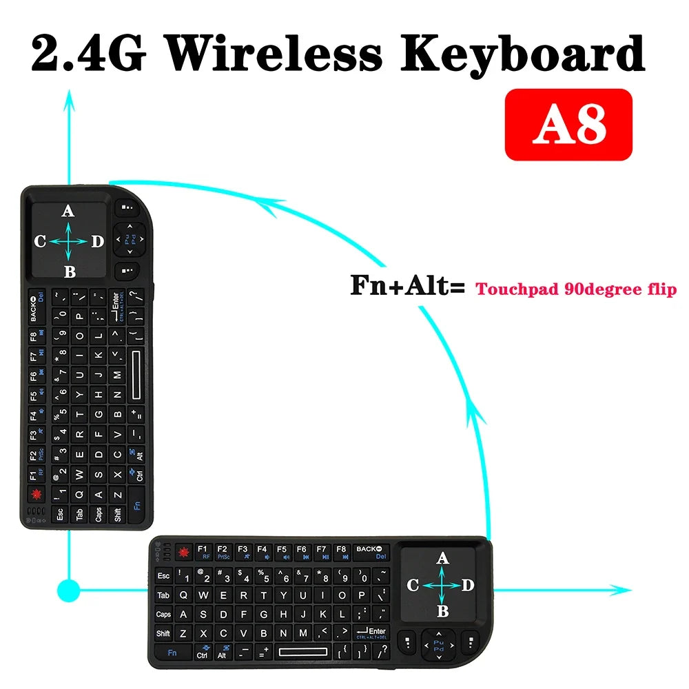 Kebidumei A8™ 3-in-1 Mini 2.4G Wireless Keyboard with Touchpad & Mouse – Backlit, Rechargeable, English & Russian | FlipStylez LLC®