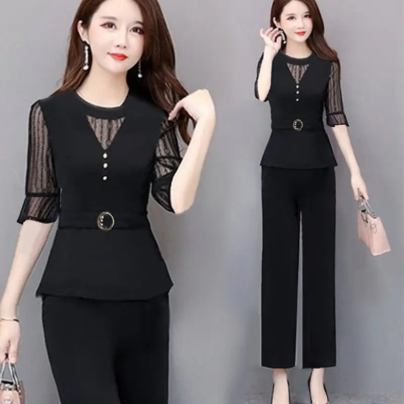 5XL Women Pants 2-Piece Set Female Summer Set Lady Slim Tops+ Wide Leg