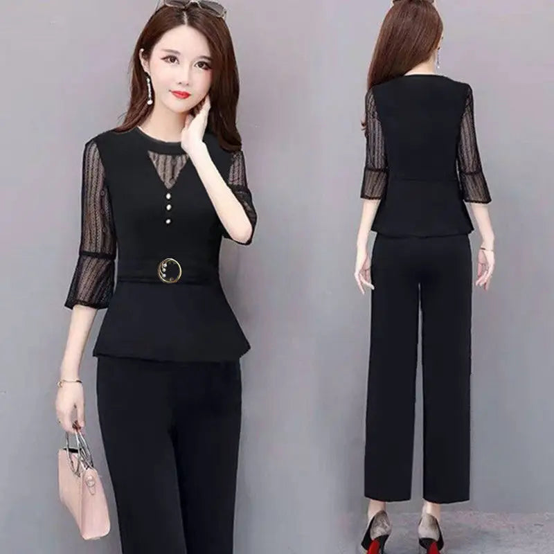 5XL Women Pants 2-Piece Set Female Summer Set Lady Slim Tops+ Wide Leg