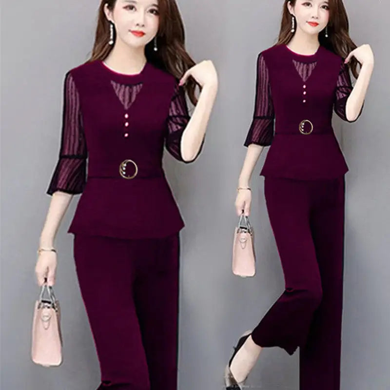 5XL Women Pants 2-Piece Set Female Summer Set Lady Slim Tops+ Wide Leg